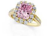 Yellow gold Fancy Pink Radiant Cut Diamond Floral Halo Ring with Pavé Band and Prong Setting_4