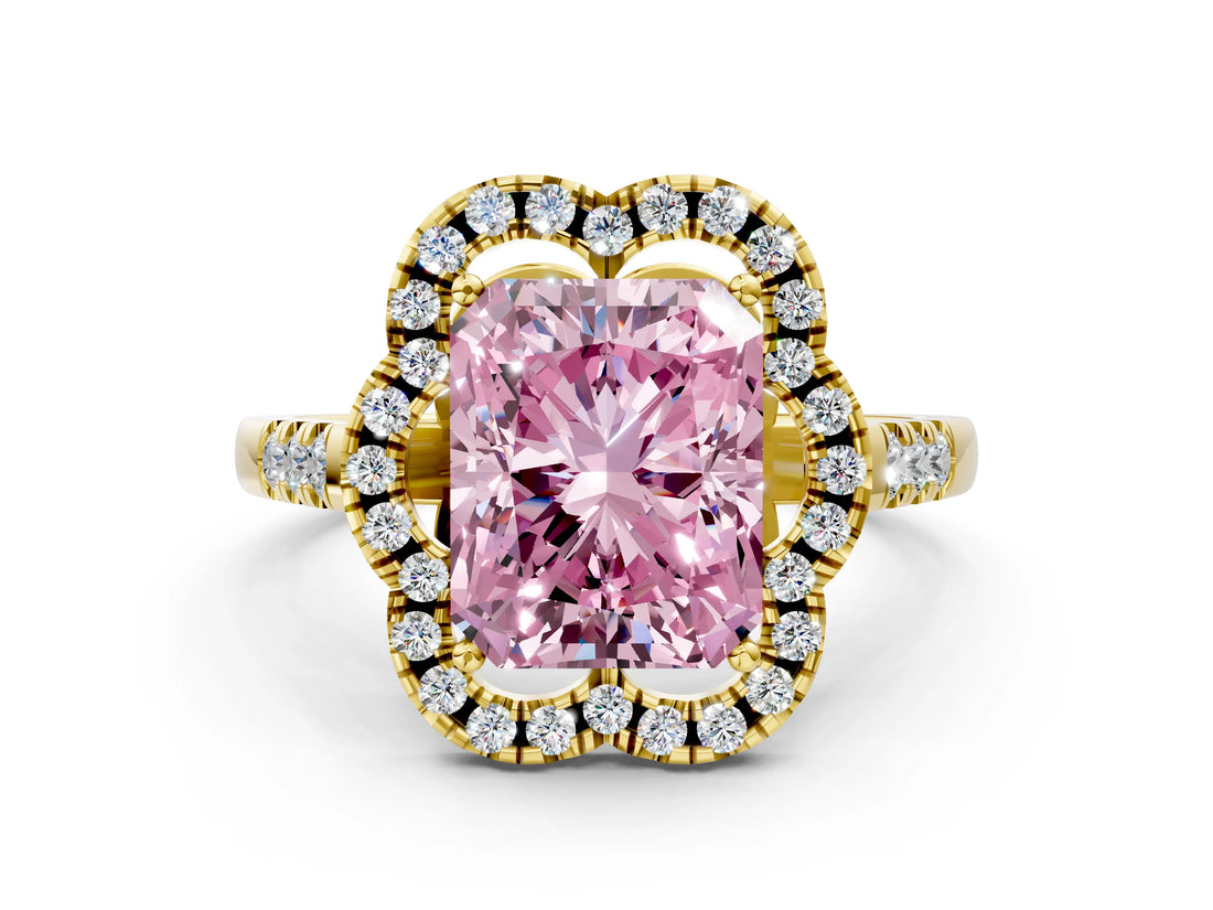 Yellow gold Fancy Pink Radiant Cut Diamond Floral Halo Split Shank Prong Setting Ring