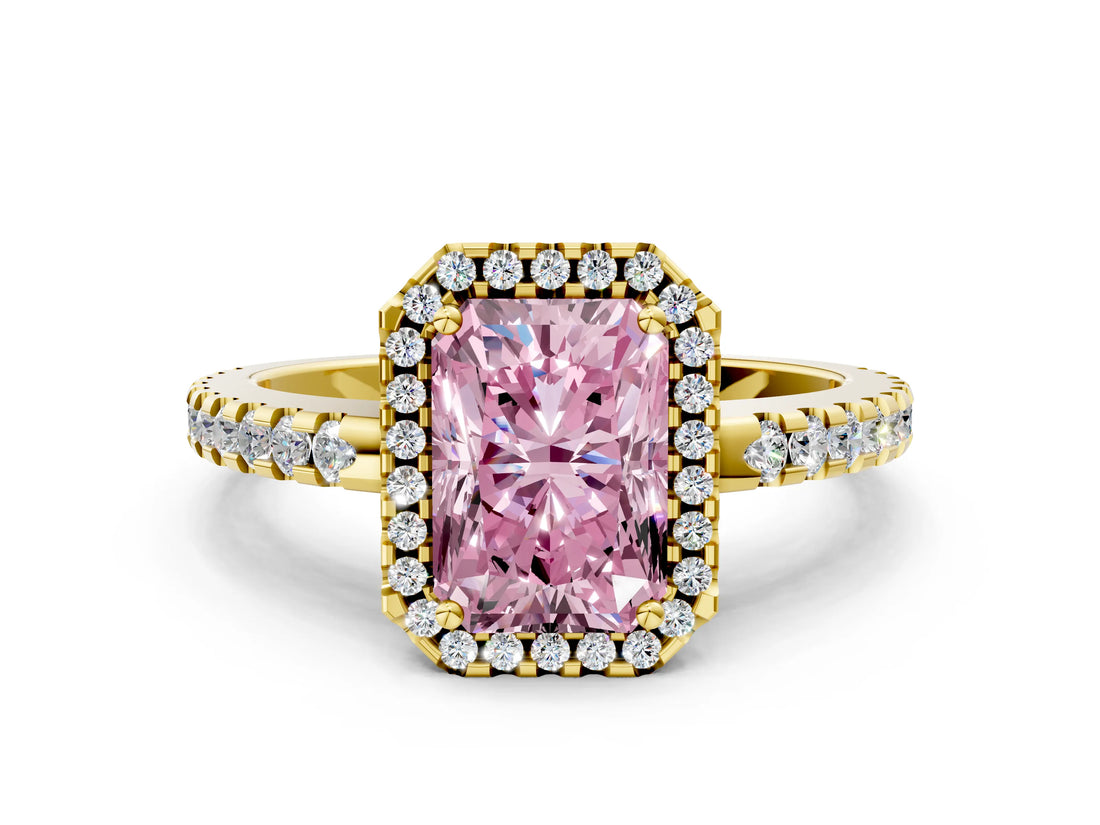 Yellow gold Fancy Pink Radiant Cut Diamond Halo Engagement Ring with Pavé Band and Prong Setting_27