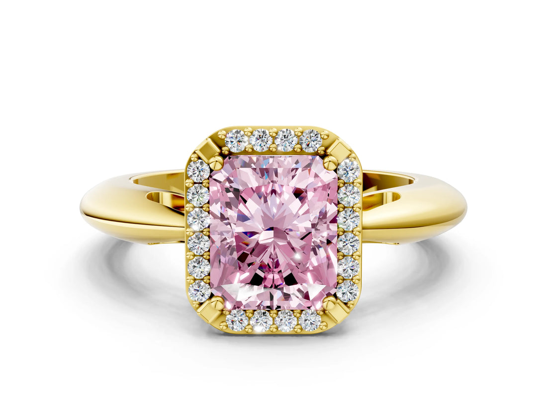 Yellow gold Fancy Pink Radiant  Cut Diamond Halo Engagement Ring with Split Shank and Four-Prong Setting_89