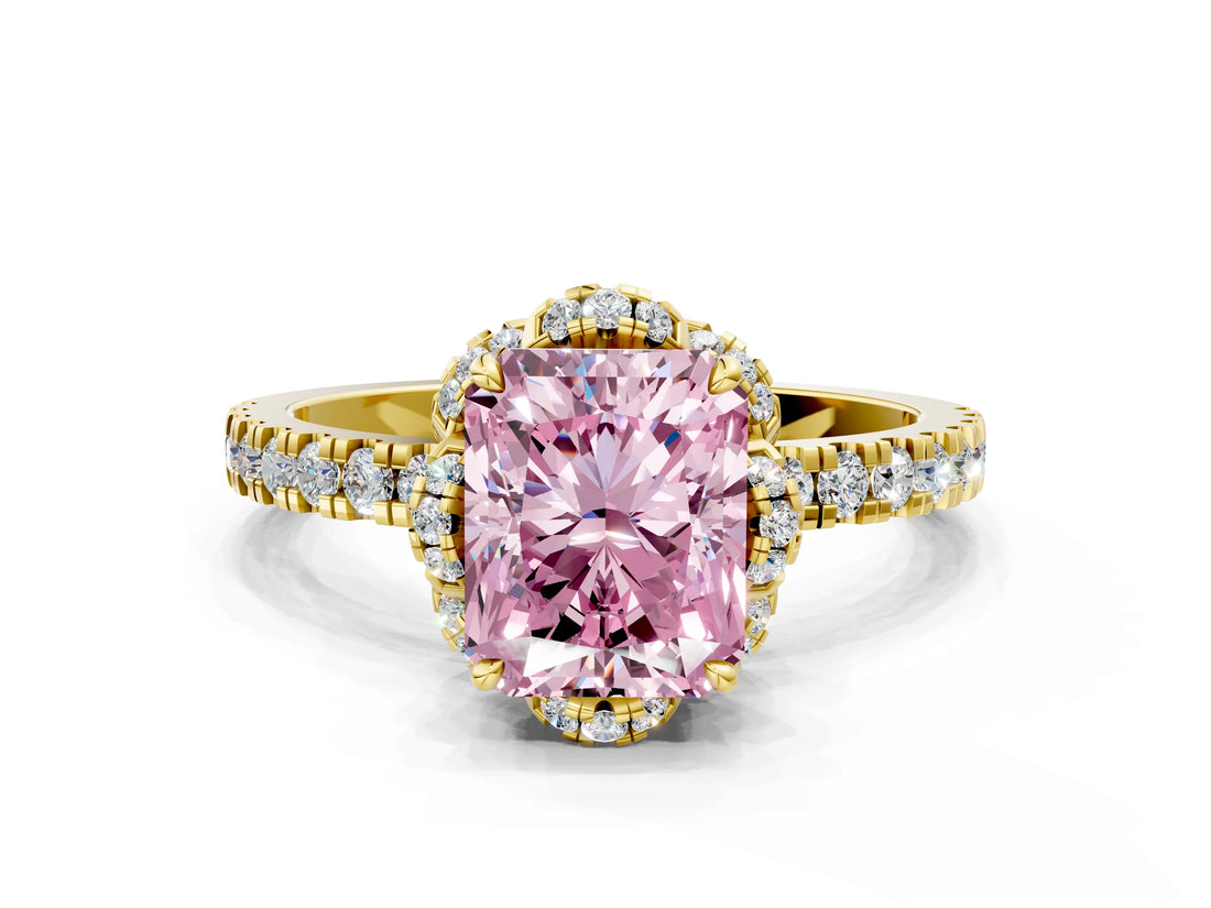 Yellow gold Fancy Pink Radiant Cut Diamond Halo Pave Band with Four-Prong Setting_3