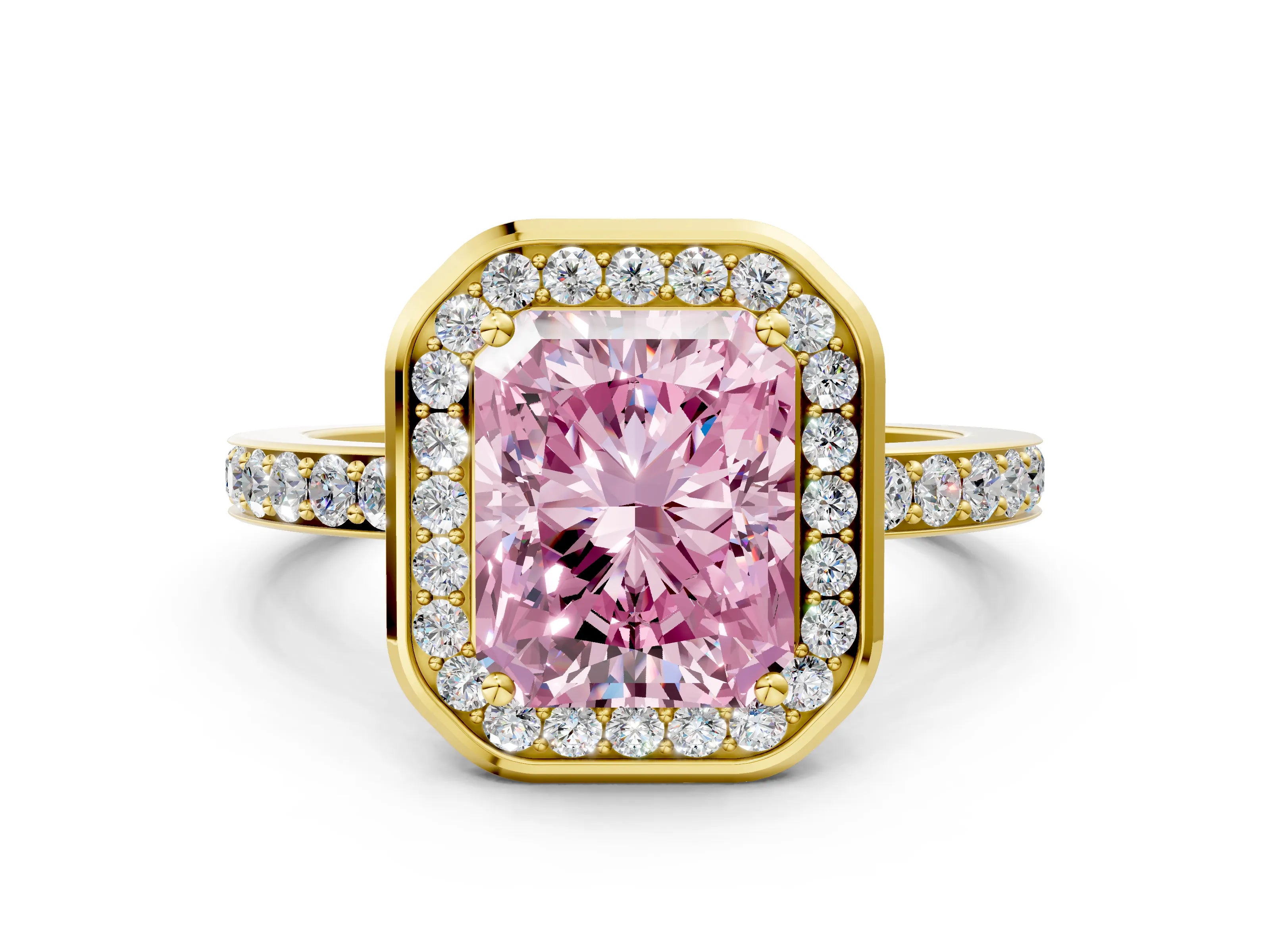 Yellow gold Fancy Pink Radiant Cut Diamond Halo Ring with Bezel Frame and Pavé Band