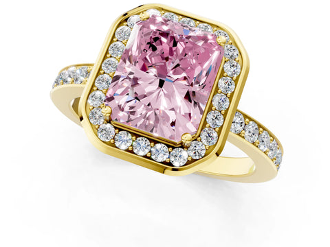 Yellow gold Fancy Pink Radiant Cut Diamond Halo Ring with Bezel Frame and Pavé Band_1