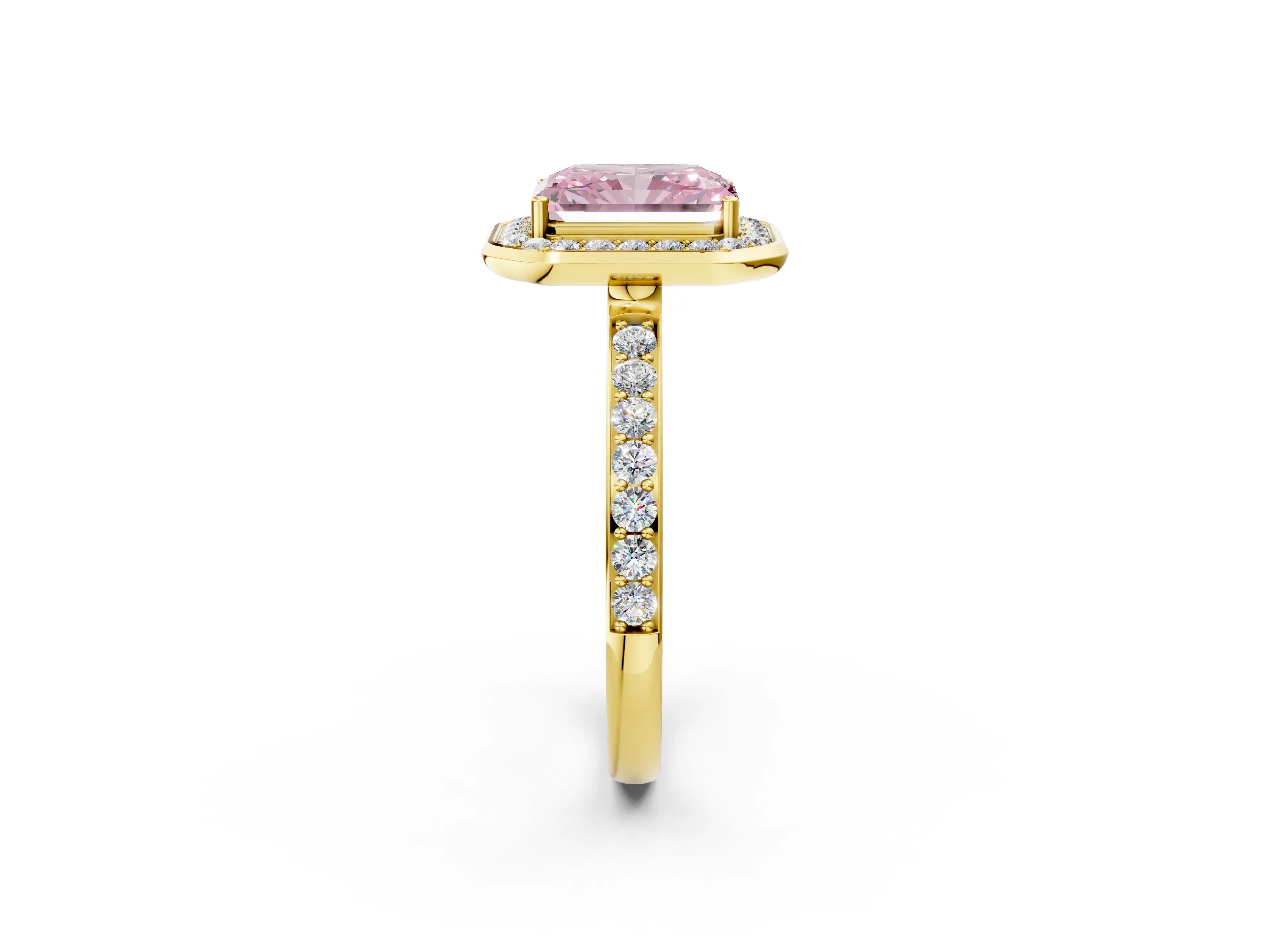 Yellow gold Fancy Pink Radiant Cut Diamond Halo Ring with Bezel Frame and Pavé Band_2