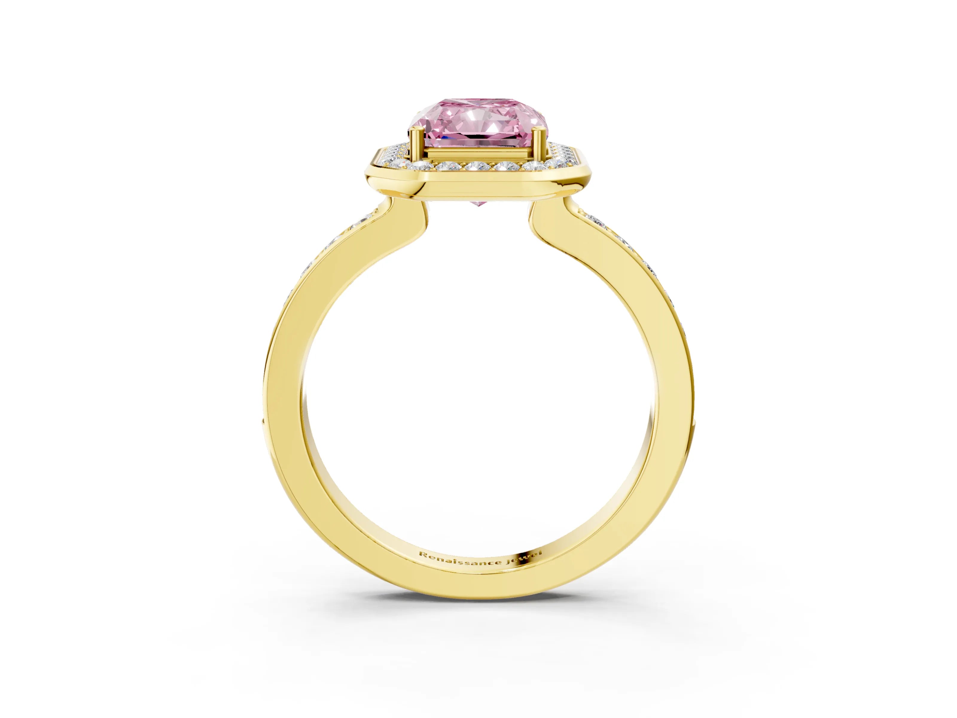Yellow gold Fancy Pink Radiant Cut Diamond Halo Ring with Bezel Frame and Pavé Band_3