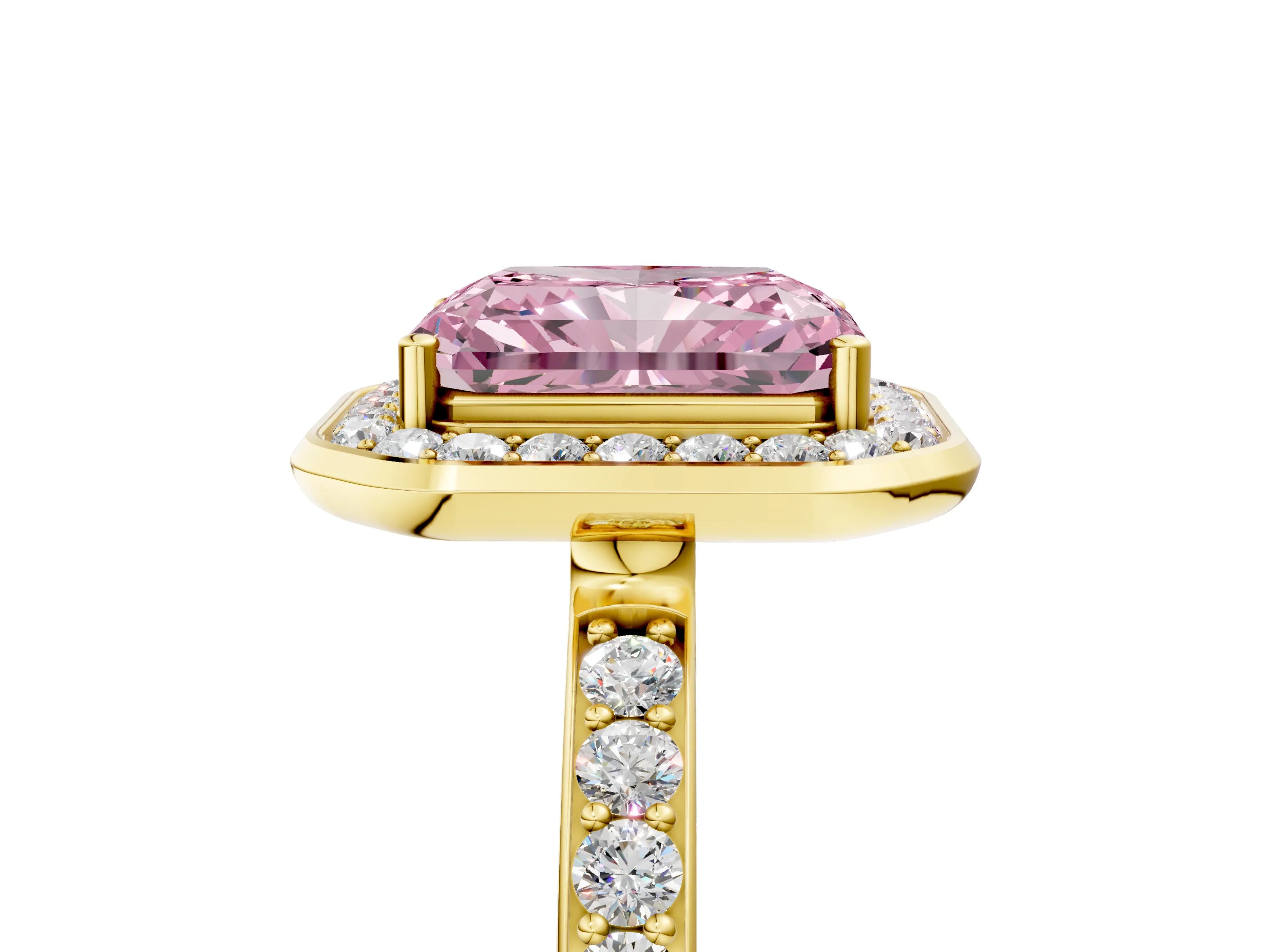 Yellow gold Fancy Pink Radiant Cut Diamond Halo Ring with Bezel Frame and Pavé Band_5