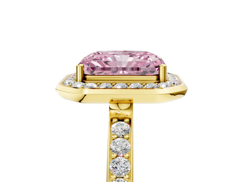 Yellow gold Fancy Pink Radiant Cut Diamond Halo Ring with Bezel Frame and Pavé Band_5