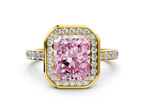 Yellow gold Fancy Pink Radiant Cut Diamond Halo Ring with Bezel Frame and Pavé Band