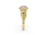 Yellow gold Fancy Pink Radiant Cut Diamond Halo Ring with Milgrain Pavé Band and Four-Prong Setting_73