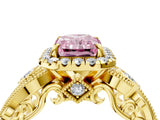 Yellow gold Fancy Pink Radiant Cut Diamond Halo Ring with Milgrain Pavé Band and Four-Prong Setting_75
