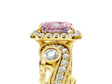 Yellow gold Fancy Pink Radiant Cut Diamond Halo Ring with Milgrain Pavé Band and Four-Prong Setting_76