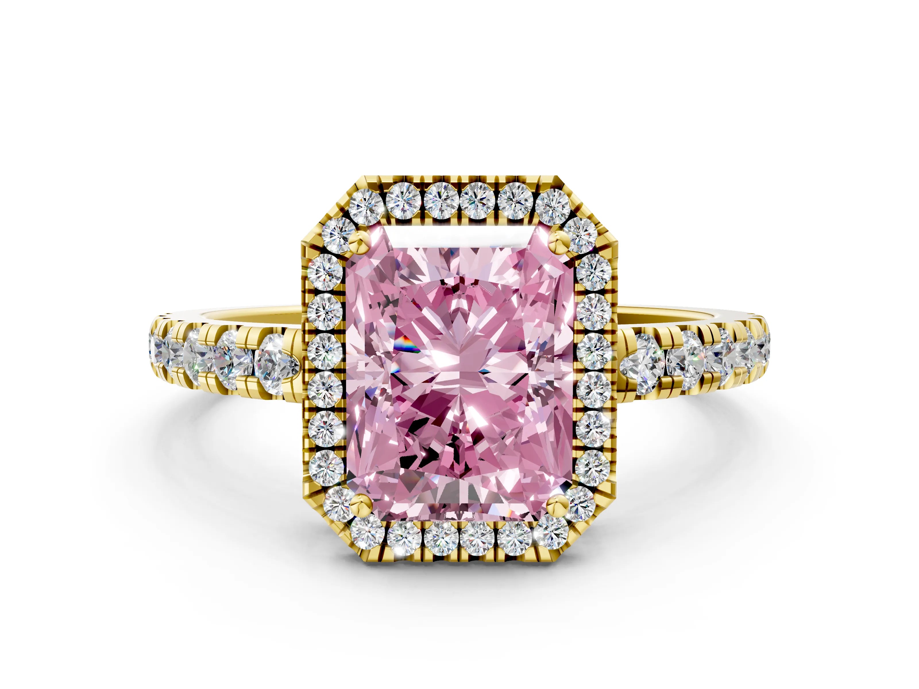 Yellow gold Fancy Pink Radiant Cut Diamond Halo Ring with Pavé Band and Four-Prong Setting