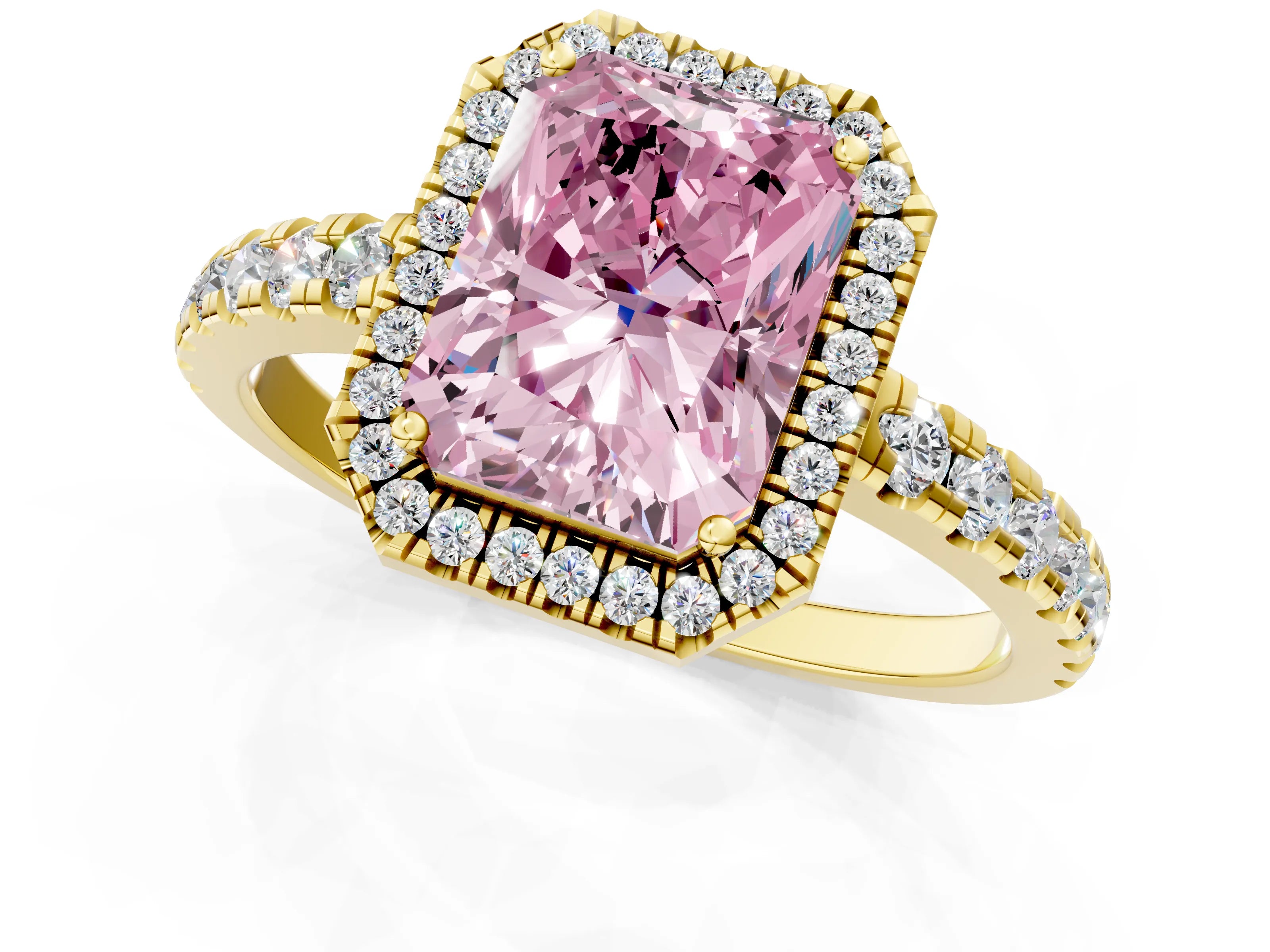 Yellow gold Fancy Pink Radiant Cut Diamond Halo Ring with Pavé Band and Four-Prong Setting_1