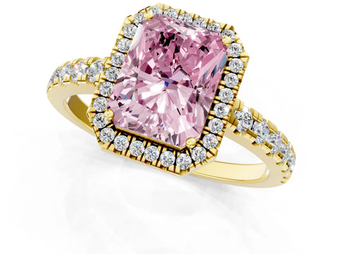 Yellow gold Fancy Pink Radiant Cut Diamond Halo Ring with Pavé Band and Four-Prong Setting_1