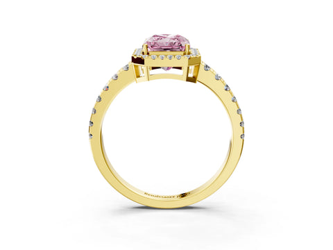 Yellow gold Fancy Pink Radiant Cut Diamond Halo Ring with Pavé Band and Four-Prong Setting_3
