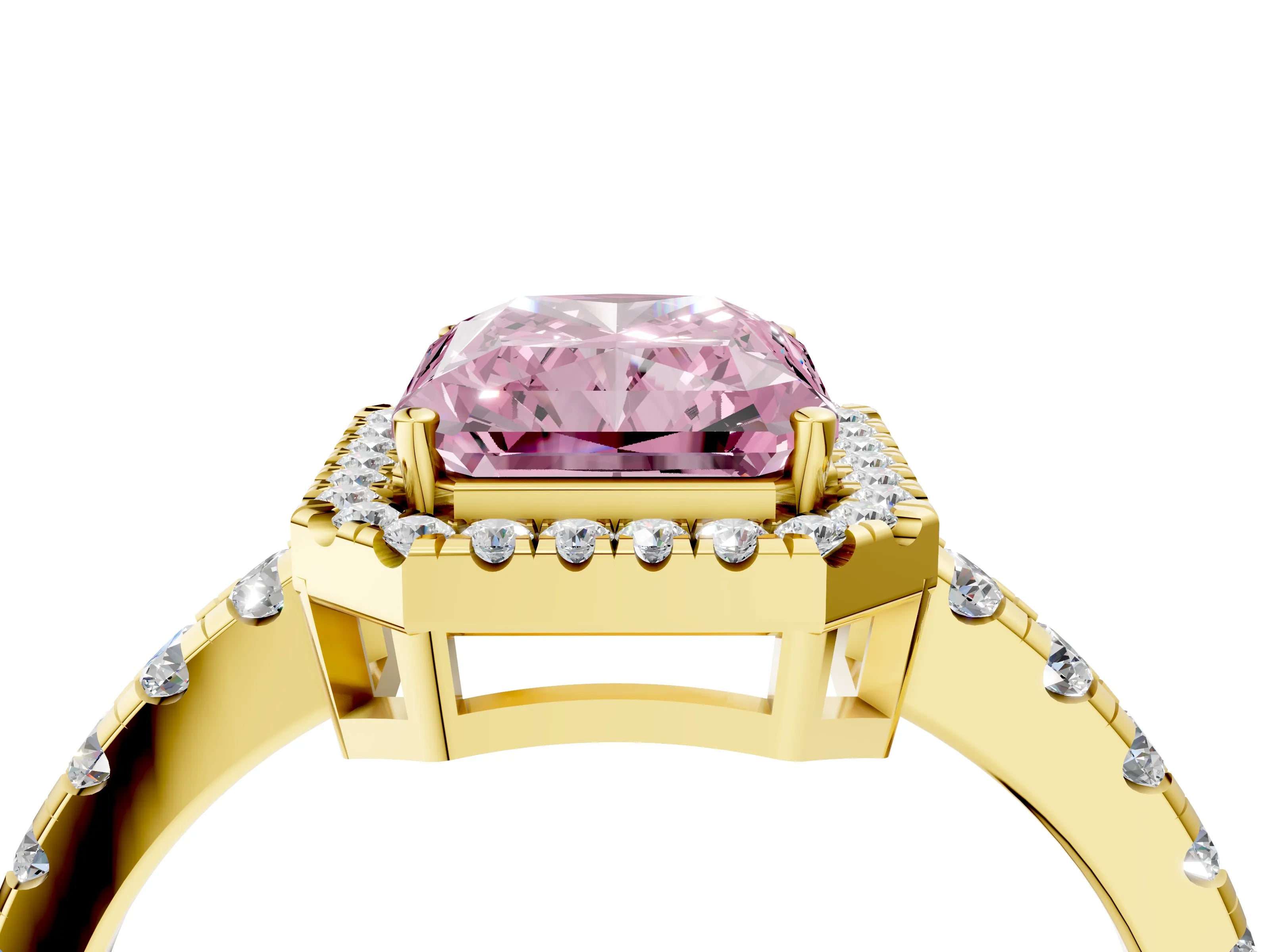 Yellow gold Fancy Pink Radiant Cut Diamond Halo Ring with Pavé Band and Four-Prong Setting_4
