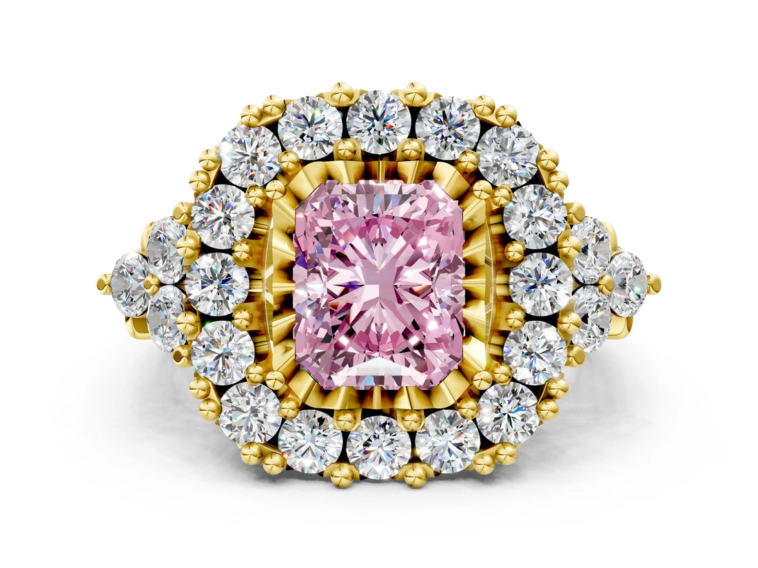 Yellow gold Fancy Pink Radiant Cut Diamond Halo Ring with Pavé Band and Four-Prong Setting_41