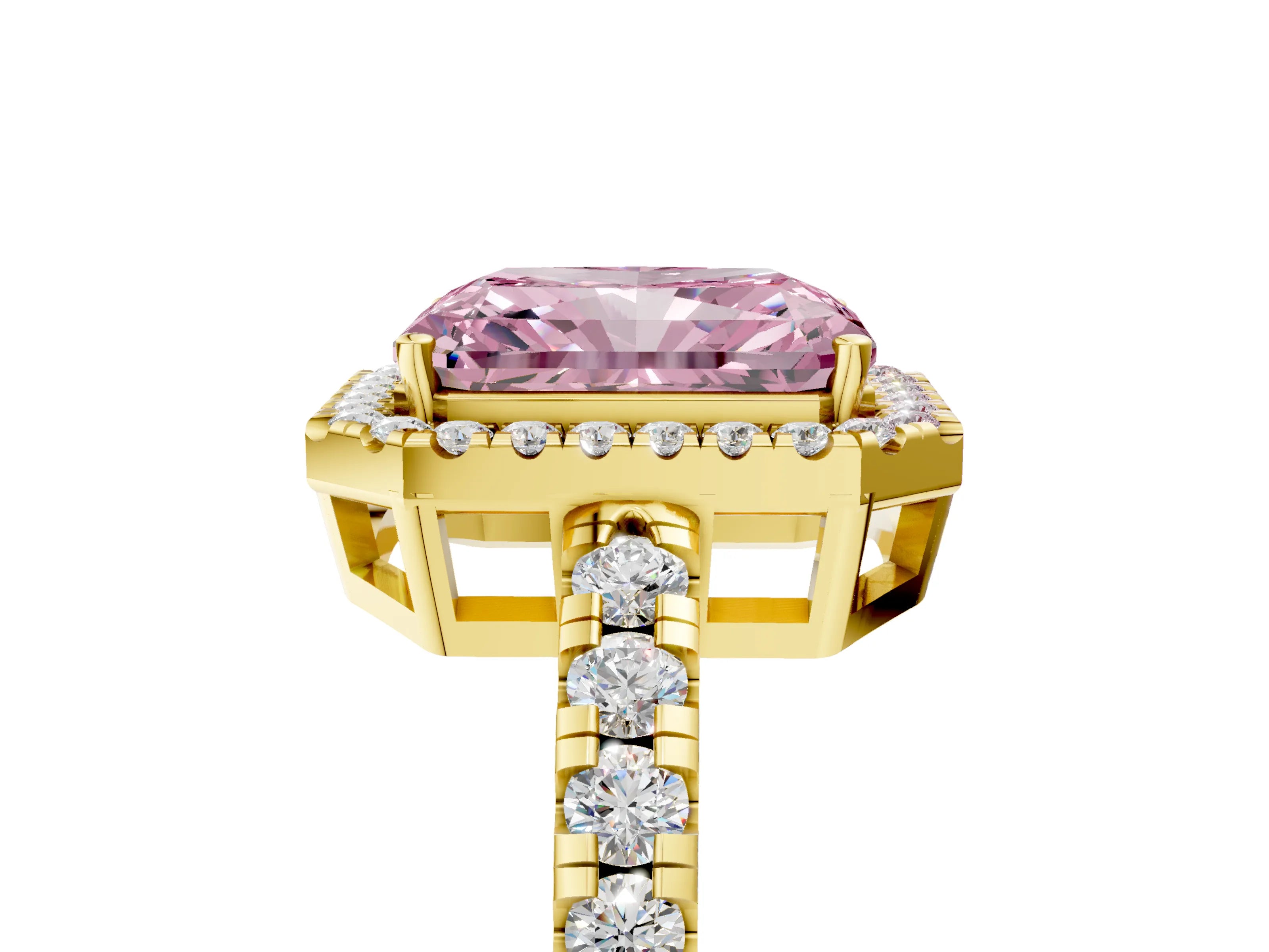 Yellow gold Fancy Pink Radiant Cut Diamond Halo Ring with Pavé Band and Four-Prong Setting_5