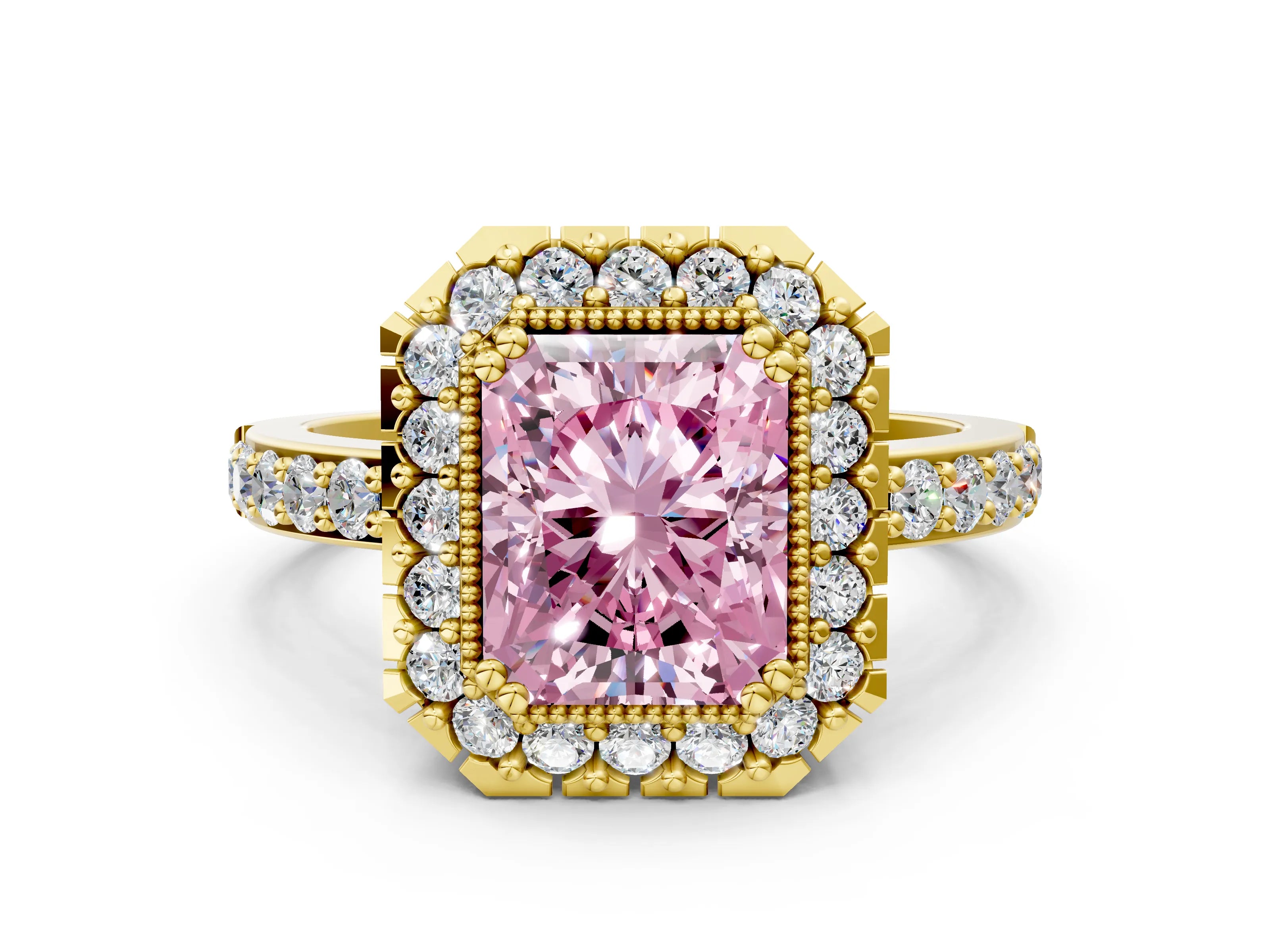 Yellow gold Fancy Pink Radiant Cut Diamond Halo Ring with Pavé Band and Prong Setting