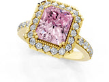 Yellow gold Fancy Pink Radiant Cut Diamond Halo Ring with Pavé Band and Prong Setting_1