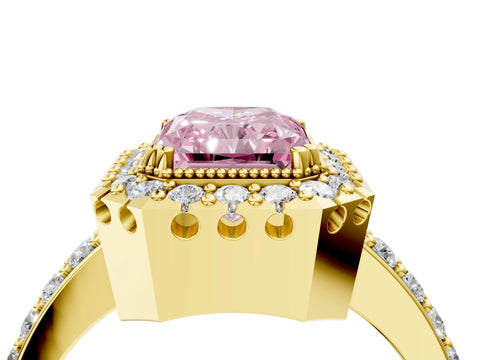 Yellow gold Fancy Pink Radiant Cut Diamond Halo Ring with Pavé Band and Prong Setting_4
