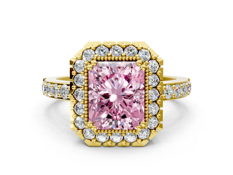 Yellow gold Fancy Pink Radiant Cut Diamond Halo Ring with Pavé Band and Prong Setting