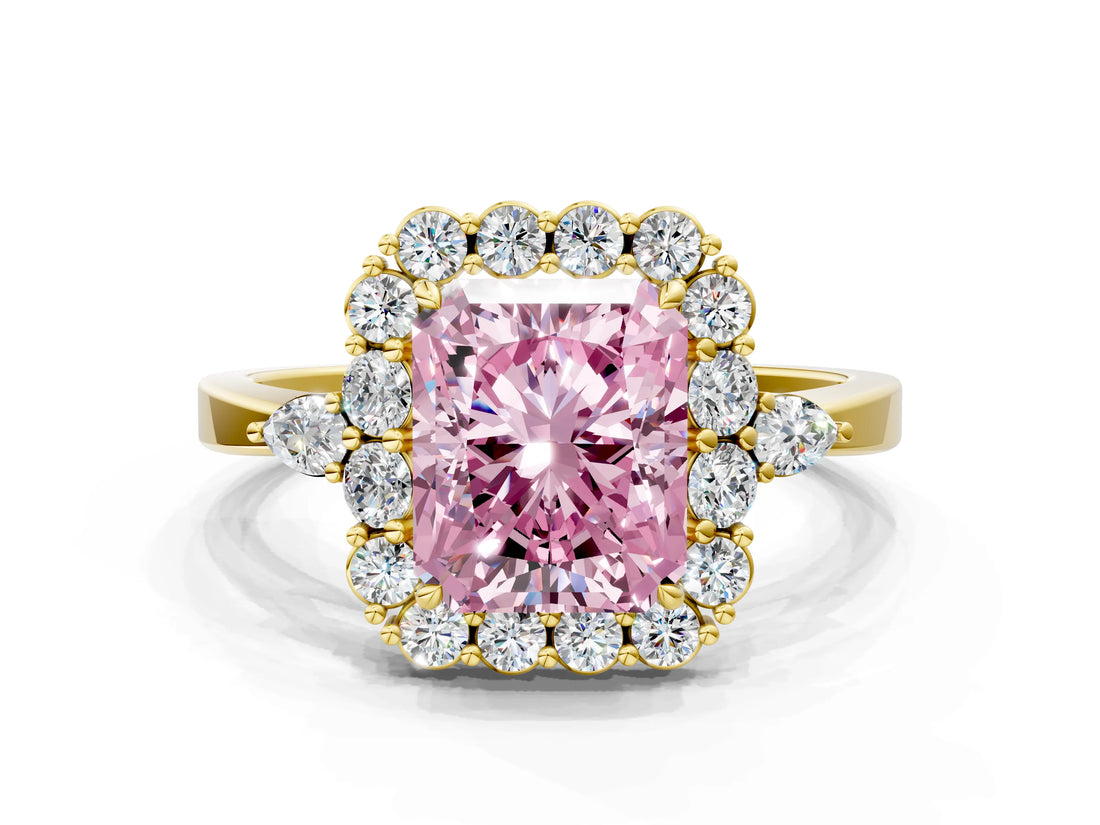 Yellow gold Fancy Pink Radiant Cut Diamond Halo Ring with Pear Side Stones and Prong Setting_50