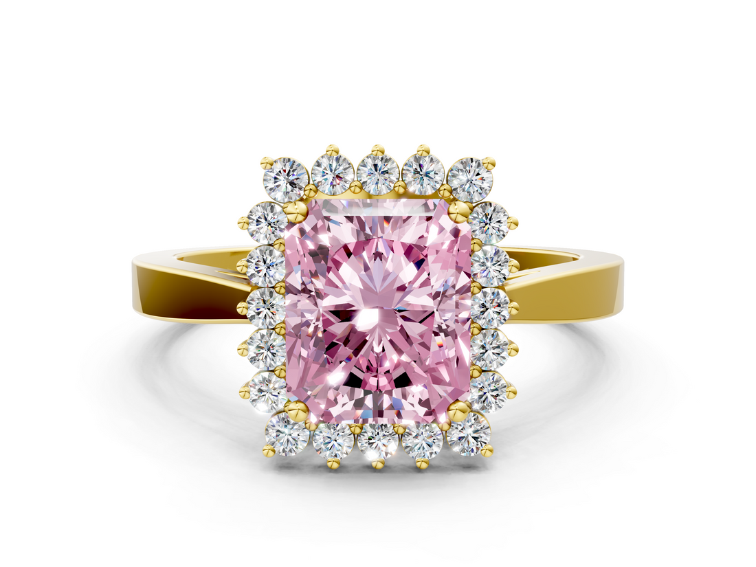 Yellow gold Fancy Pink Radiant  Cut Diamond Halo Ring with Round Brilliant Halo and Solitaire Band_87