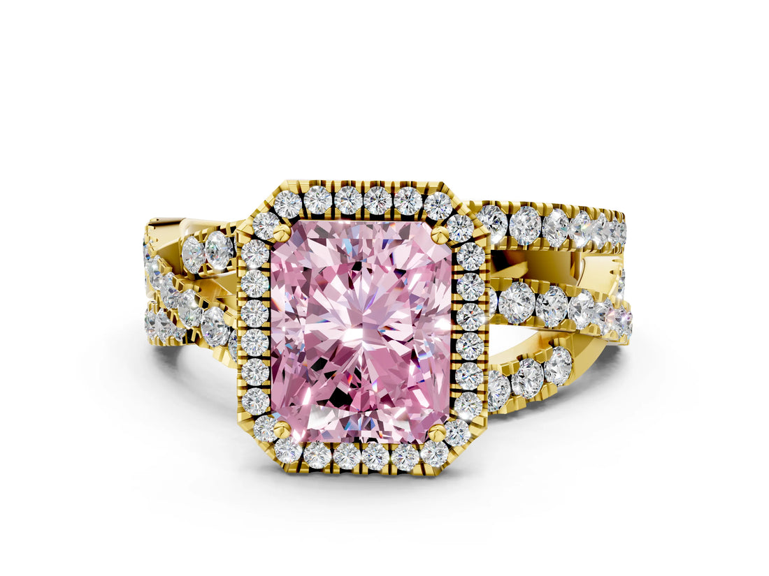 Yellow gold Fancy Pink Radiant Cut Diamond Halo Ring with Round Split Shank and Prong Setting_36