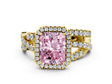 Yellow gold Fancy Pink Radiant Cut Diamond Halo Ring with Round Split Shank and Prong Setting_36