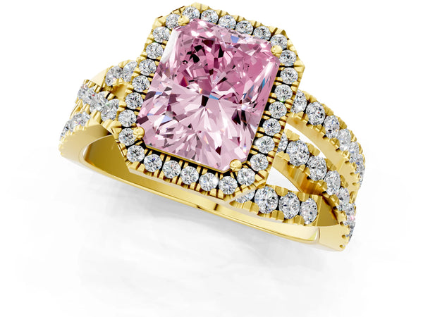 Yellow Gold Radiant Cut Halo Twist Engagement Ring Setting for Fancy Pink Center