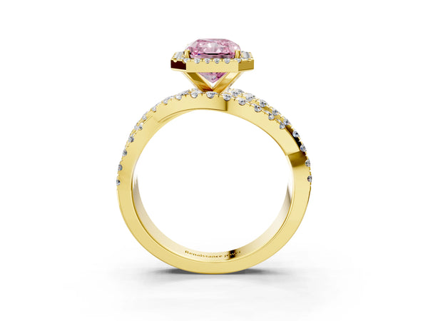 Yellow Gold Radiant Cut Halo Twist Engagement Ring Setting for Fancy Pink Center
