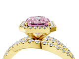 Yellow gold Fancy Pink Radiant Cut Diamond Halo Ring with Round Split Shank and Prong Setting_40
