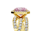 Yellow gold Fancy Pink Radiant Cut Diamond Halo Ring with Round Split Shank and Prong Setting_41