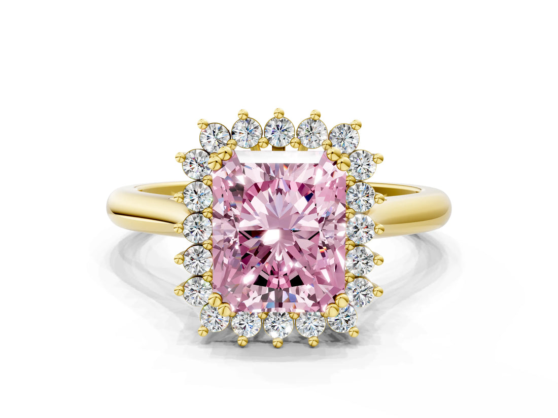 Yellow gold Fancy Pink Radiant  Cut Diamond Halo Ring with Solitaire Band and Prong Setting_53