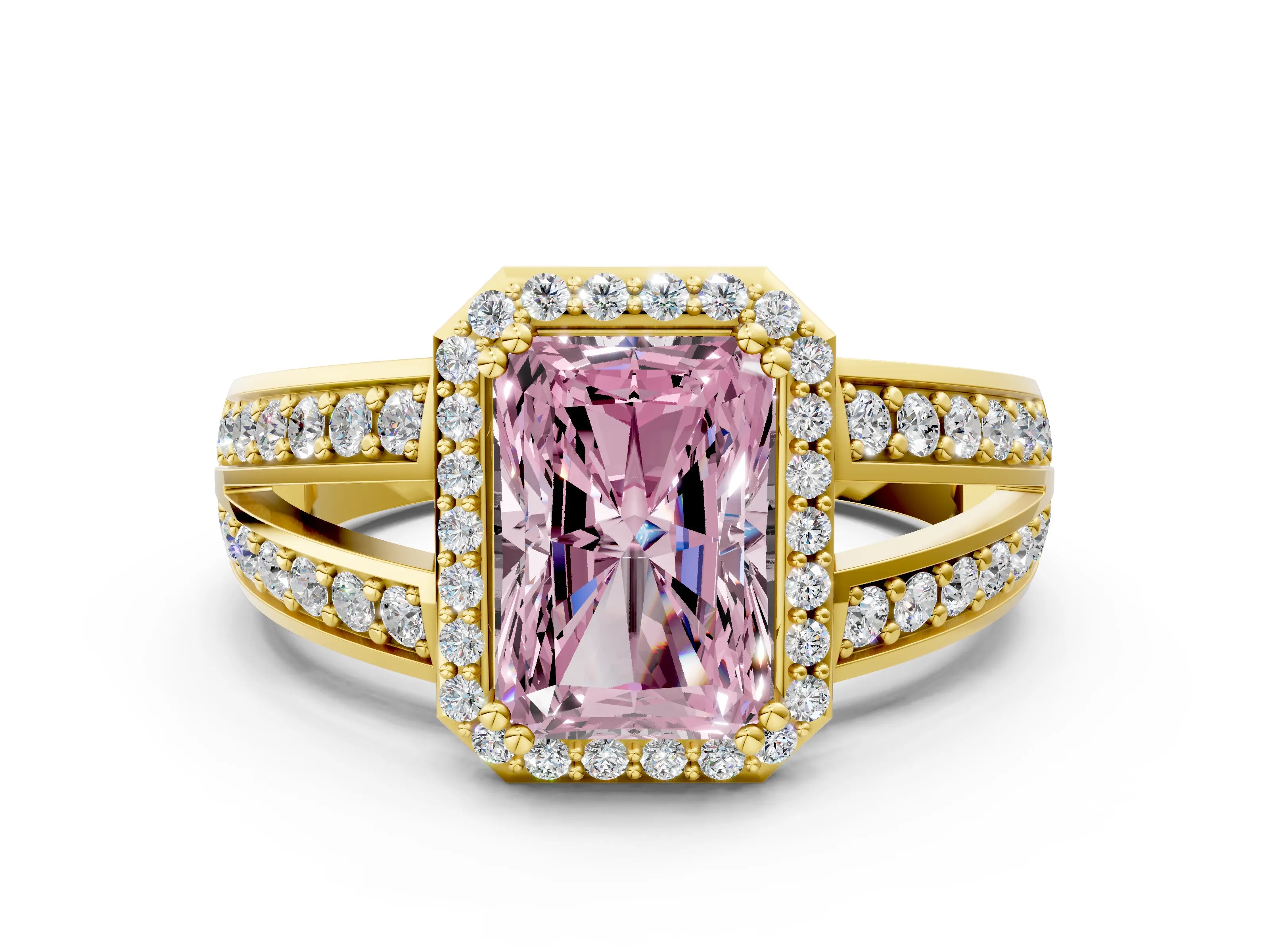 Yellow gold Fancy Pink Radiant Cut Diamond Halo Ring with Split Shank Pavé Band and Four-Prong Setting