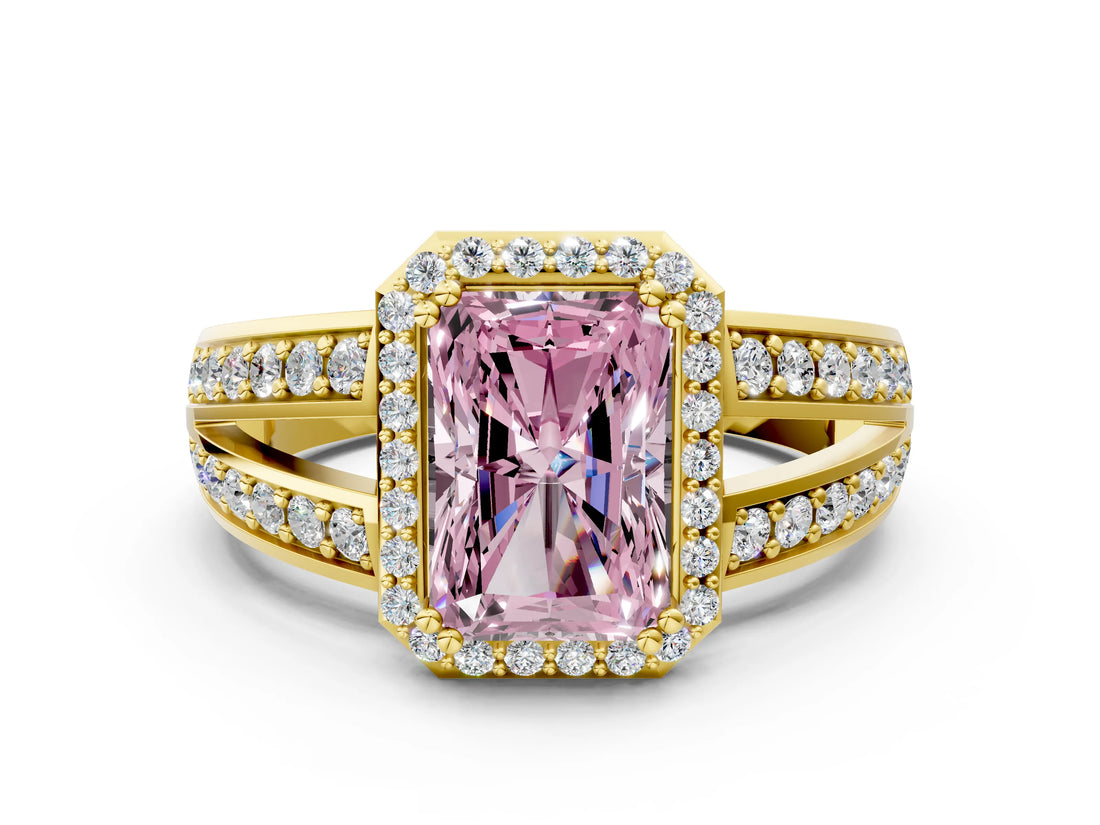 Yellow gold Fancy Pink Radiant Cut Diamond Halo Ring with Split Shank Pavé Band and Four-Prong Setting