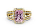 Yellow gold Fancy Pink Radiant Cut Diamond Halo Ring with Split Shank Pavé Band and Four-Prong Setting