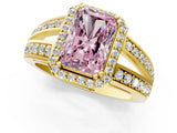 Yellow gold Fancy Pink Radiant Cut Diamond Halo Ring with Split Shank Pavé Band and Four-Prong Setting_1