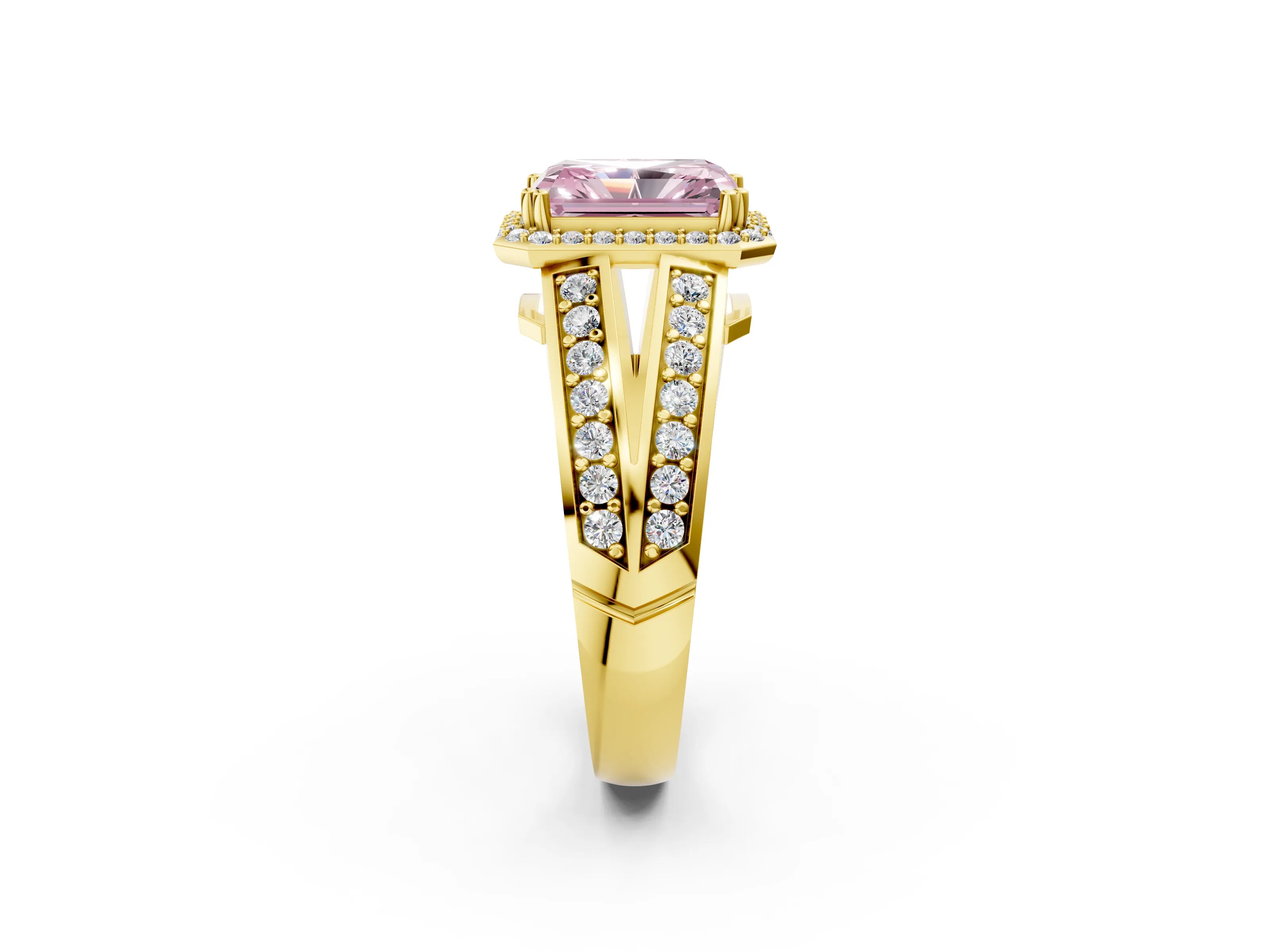 Yellow gold Fancy Pink Radiant Cut Diamond Halo Ring with Split Shank Pavé Band and Four-Prong Setting_2