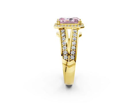 Yellow gold Fancy Pink Radiant Cut Diamond Halo Ring with Split Shank Pavé Band and Four-Prong Setting_2