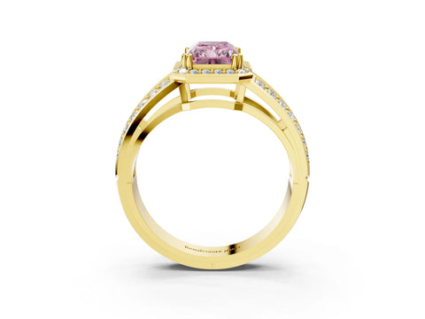 Yellow gold Fancy Pink Radiant Cut Diamond Halo Ring with Split Shank Pavé Band and Four-Prong Setting_3