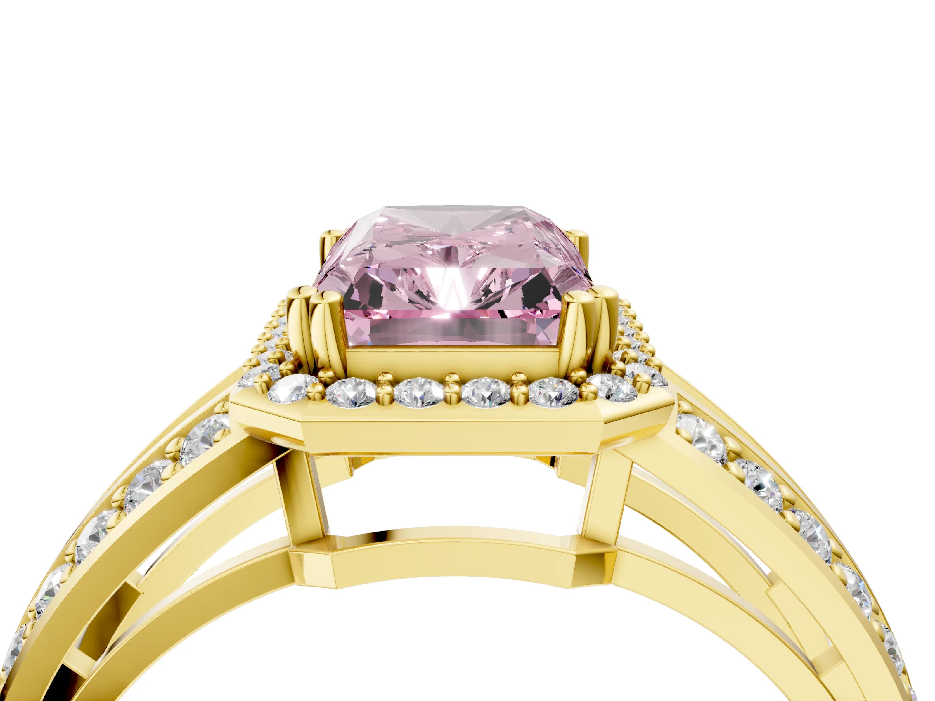 Yellow gold Fancy Pink Radiant Cut Diamond Halo Ring with Split Shank Pavé Band and Four-Prong Setting_4