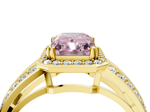 Yellow gold Fancy Pink Radiant Cut Diamond Halo Ring with Split Shank Pavé Band and Four-Prong Setting_4