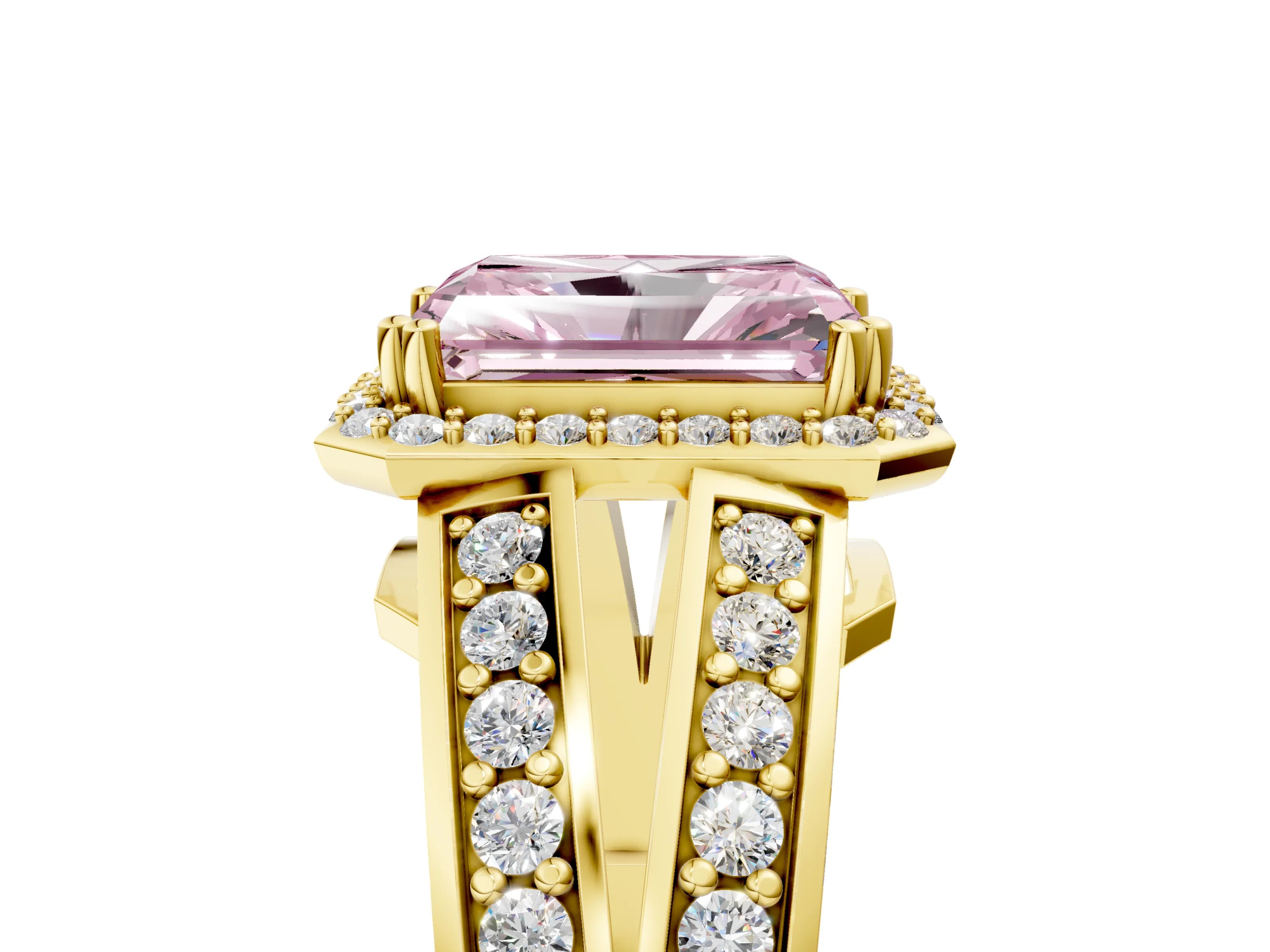 Yellow gold Fancy Pink Radiant Cut Diamond Halo Ring with Split Shank Pavé Band and Four-Prong Setting_5