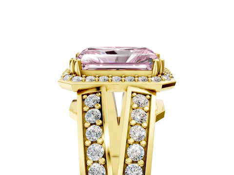 Yellow gold Fancy Pink Radiant Cut Diamond Halo Ring with Split Shank Pavé Band and Four-Prong Setting_5