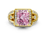Yellow gold Fancy Pink Radiant Cut Diamond Halo Ring with Split Shank and Bezel Accents and Four-Prong Setting