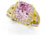 Yellow gold Fancy Pink Radiant Cut Diamond Halo Ring with Split Shank and Bezel Accents and Four-Prong Setting_1