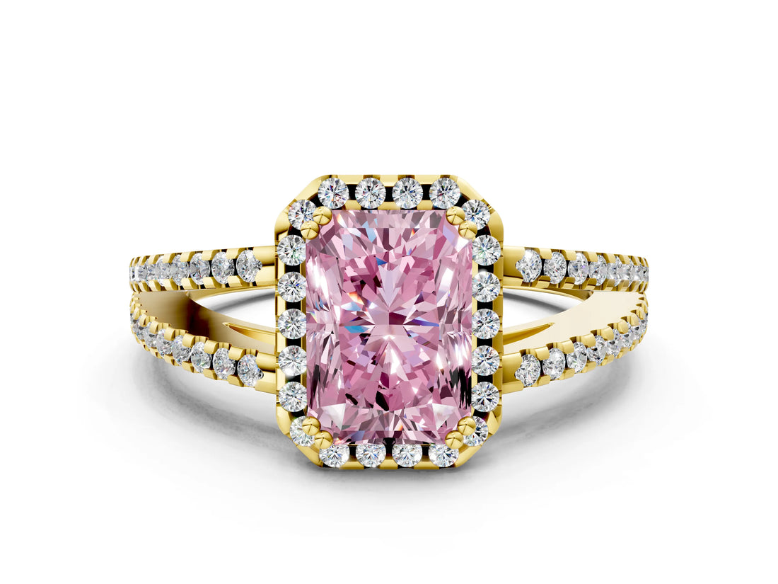 Yellow gold Fancy Pink Radiant Cut Diamond Halo Split Shank Engagement Ring_39