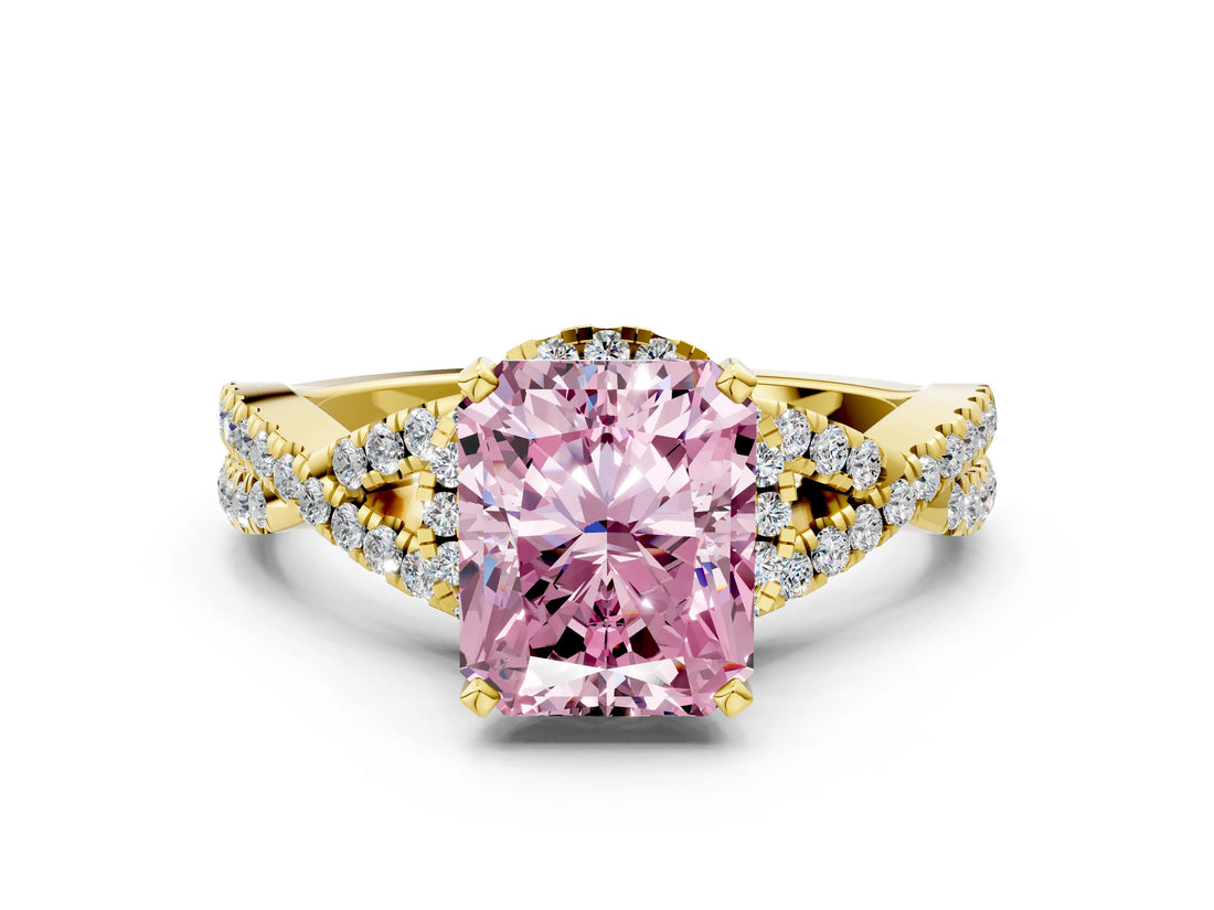 Yellow gold Fancy Pink Radiant Cut Diamond  Halo Twist Band Solitaire Prong Setting Ring_48